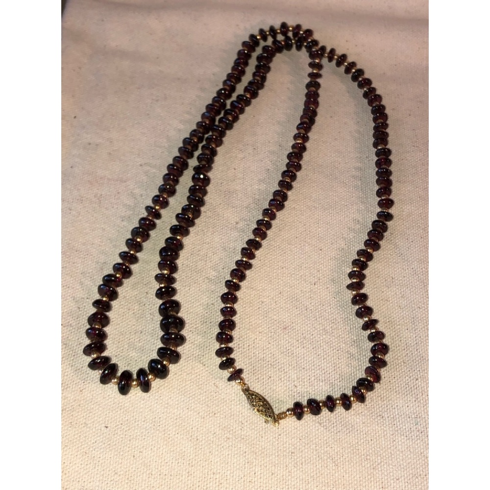 Vintage Garnet Gemstone & Gold Fill Bead & Filigree Clasp 34” Necklace - Picture 2 of 9